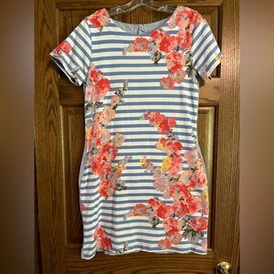 Joules Blue Striped Dress with Orange Floral Accents -Size 10